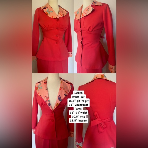 70s two piece pantsuit in a cool salmon peach color and fruit design. Sz xs